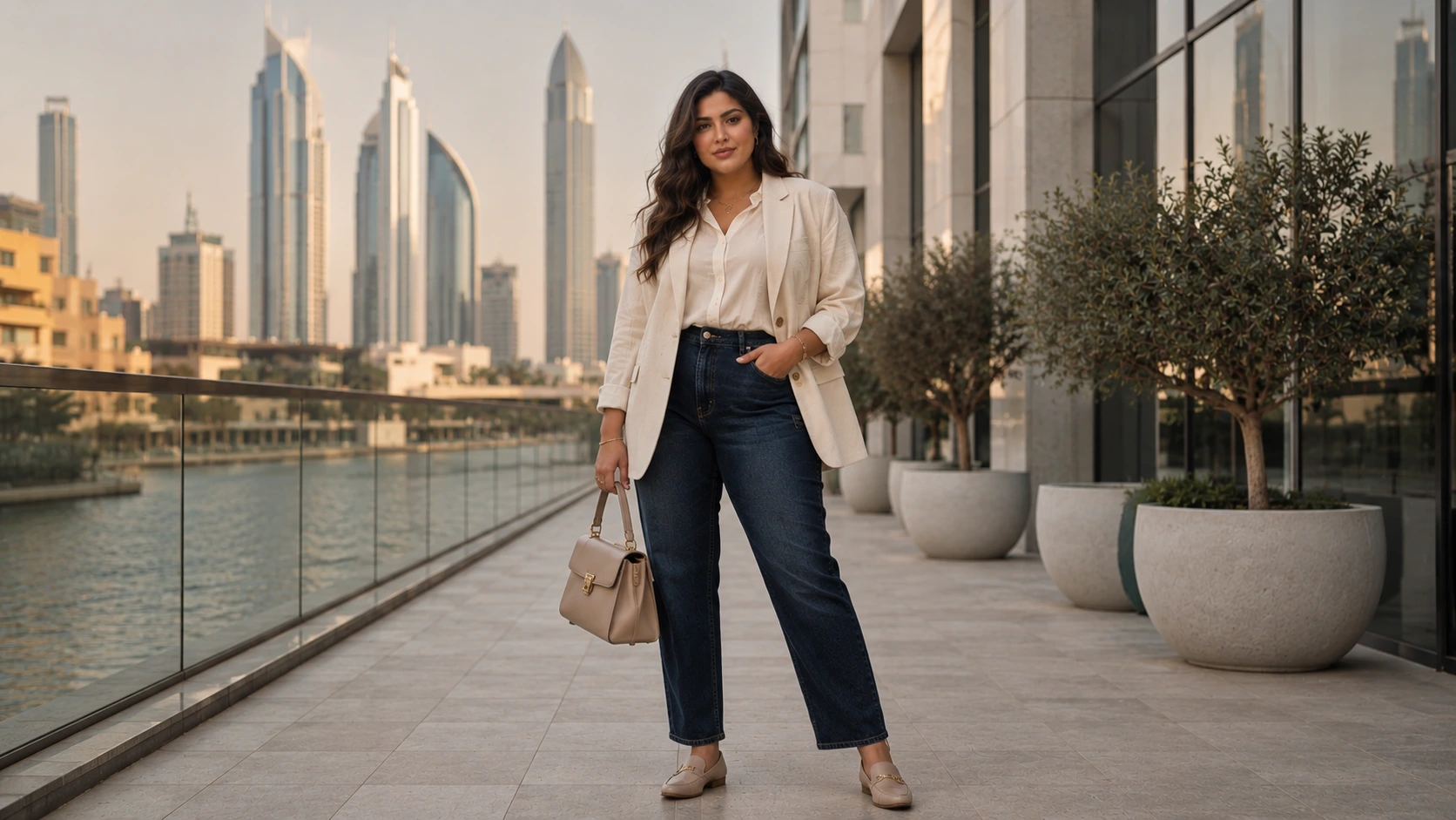 Woman wearing dark wash jeans with a cream blouse and blazer in Dubai