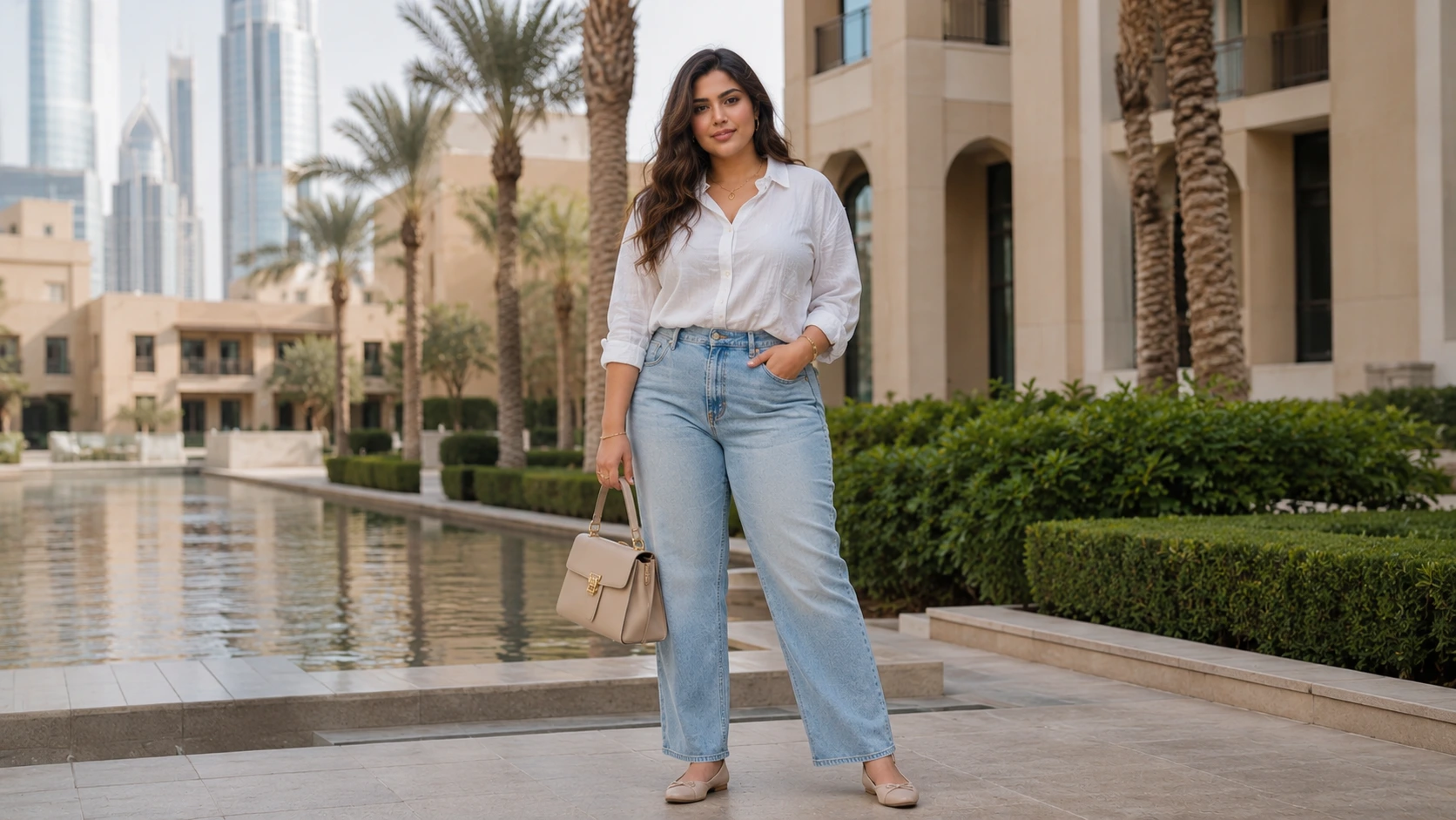 Woman wearing light wash jeans with a white blouse in Dubai