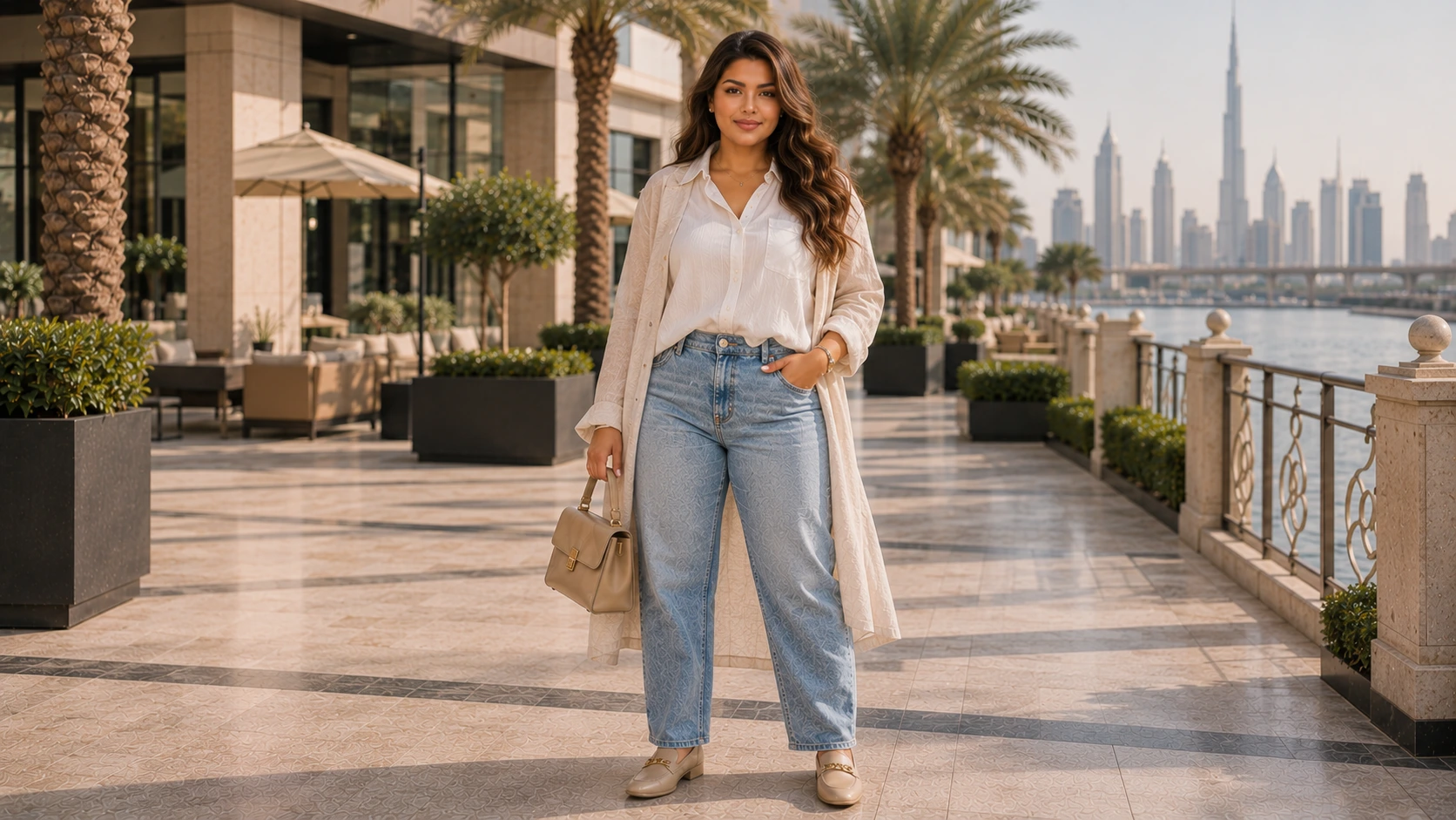 Woman wearing lightweight washed jeans and a cream blouse in Dubai
