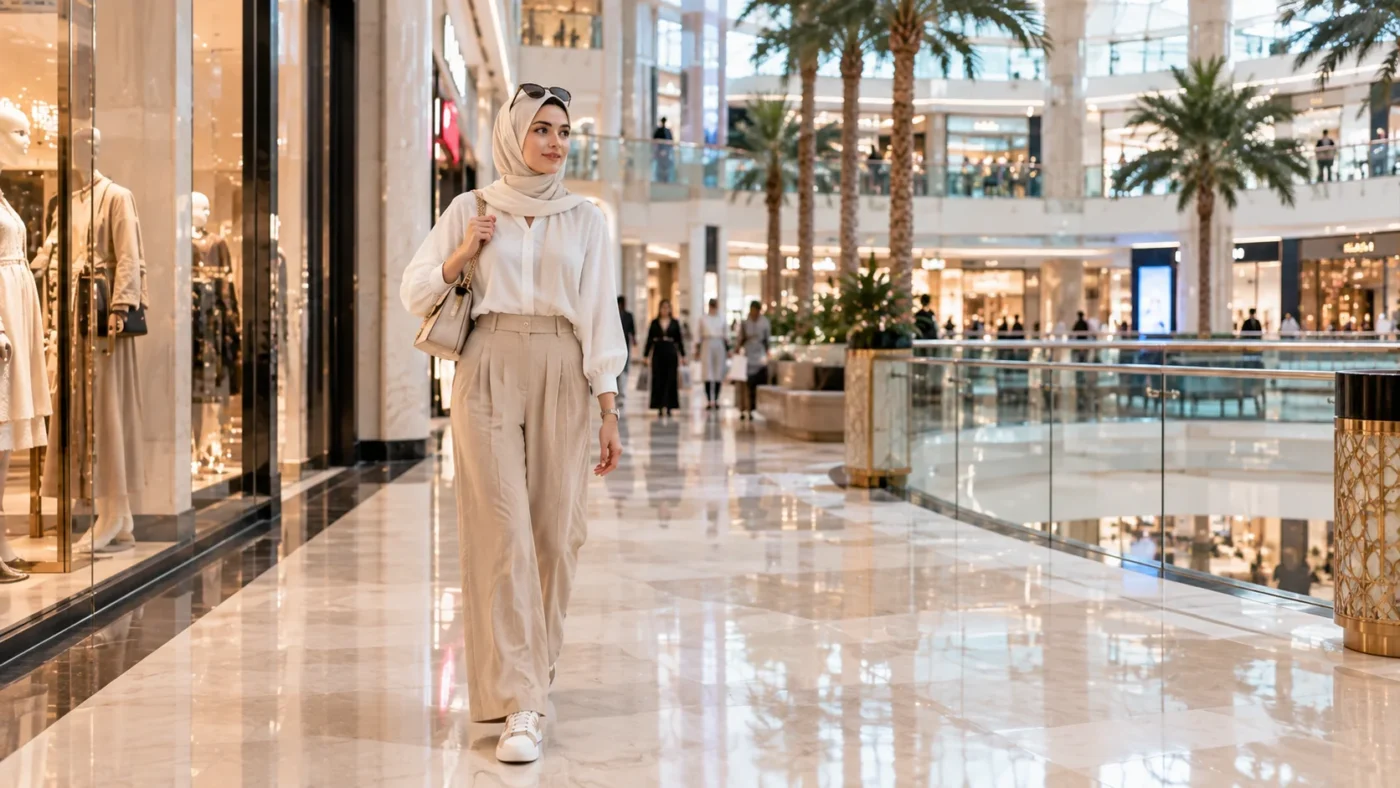 Woman-wearing-modest-smart-casual-clothing-in-a-Dubai-mall