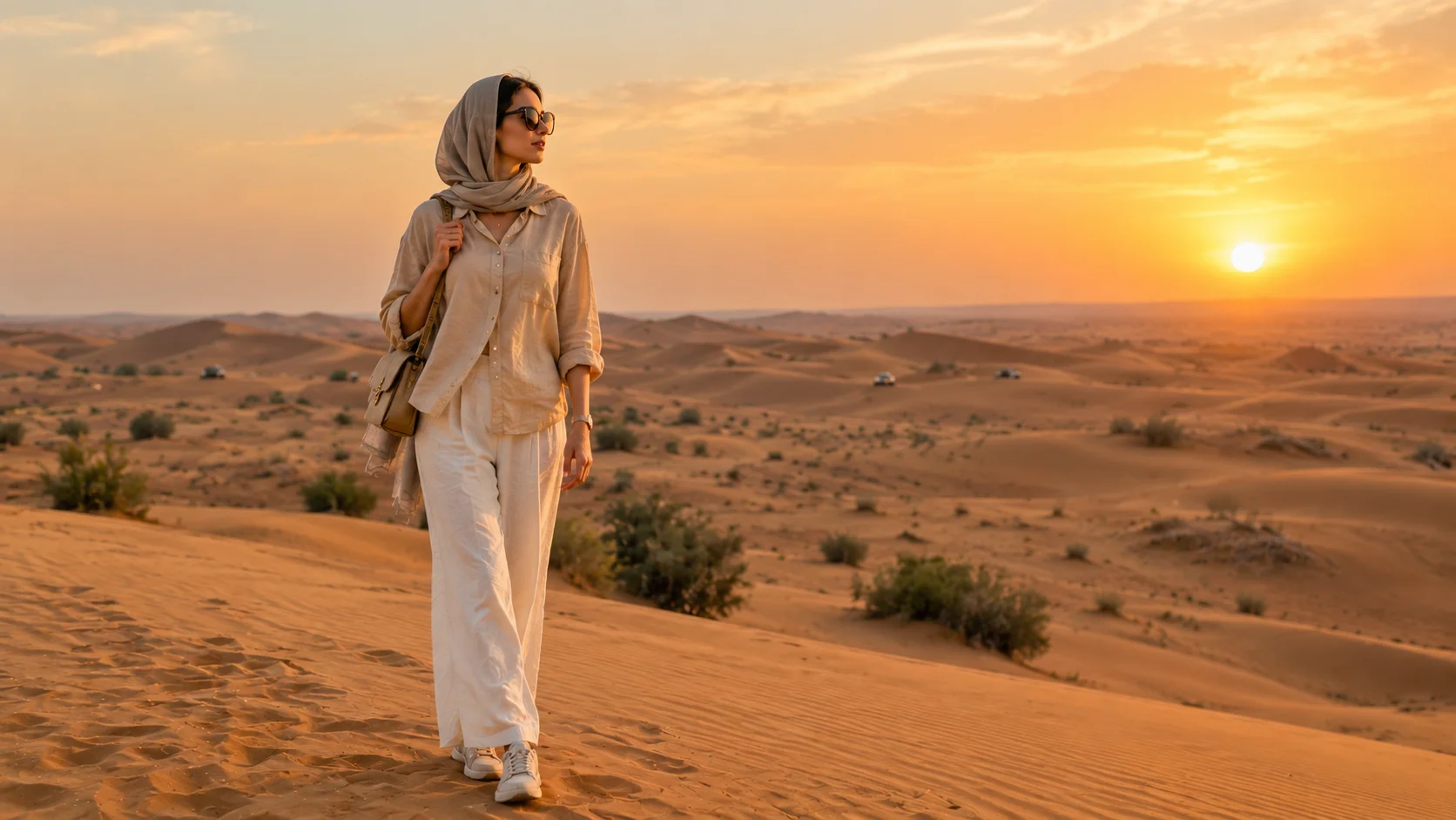 Woman wearing practical clothing for a Dubai desert safari