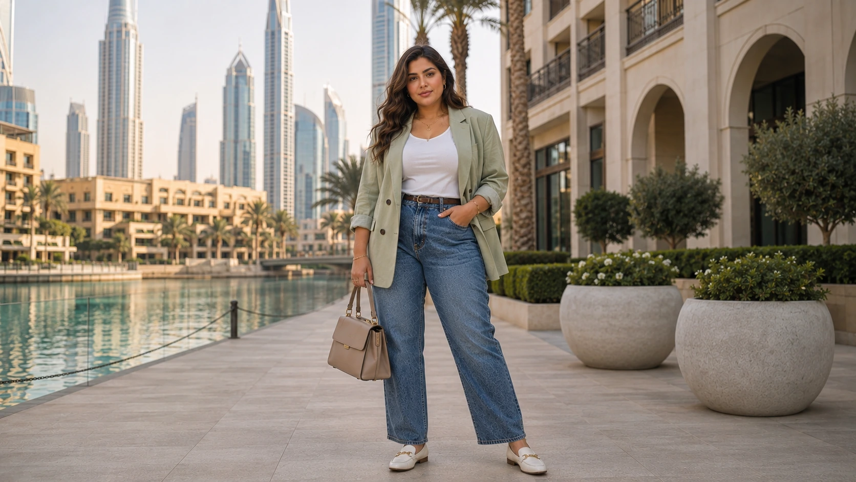 Woman wearing vintage wash blue jeans in a sophisticated Dubai outfit