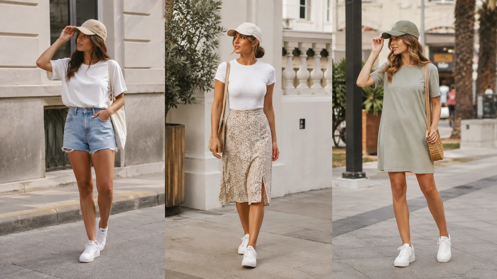 Women in denim shorts, skirts and casual dresses