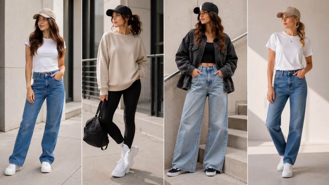 Women-wearing-snapback-hats-with-casual-sporty-streetwear-and-minimal-outfits