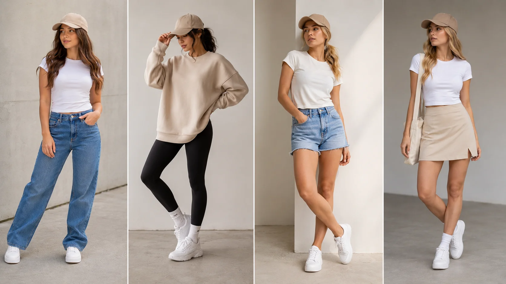 Women wearing snapback hats with jeans, leggings, denim shorts and casual skirts