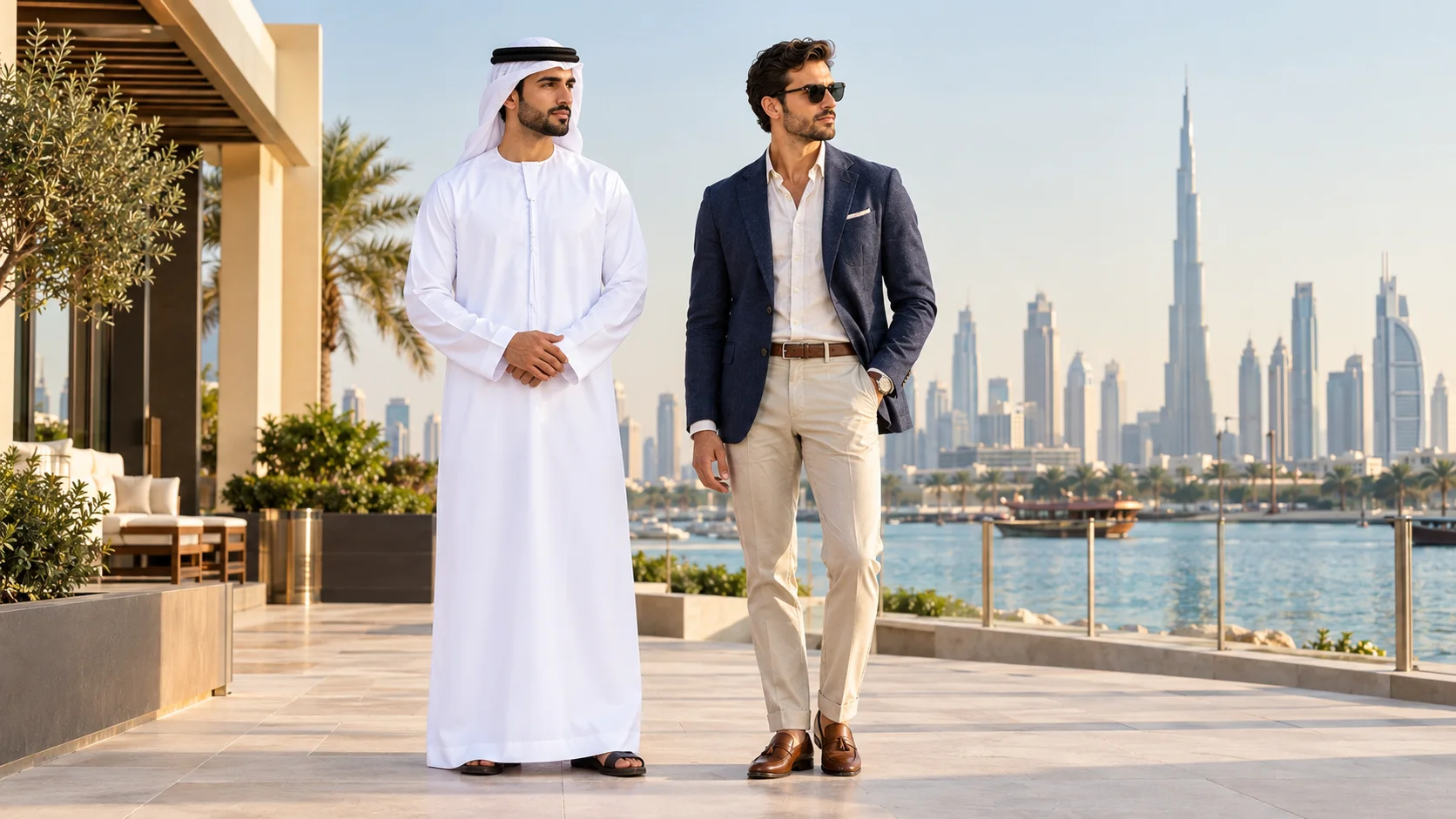 Men's outfit ideas for Dubai: blazer, kandura and smart casual looks