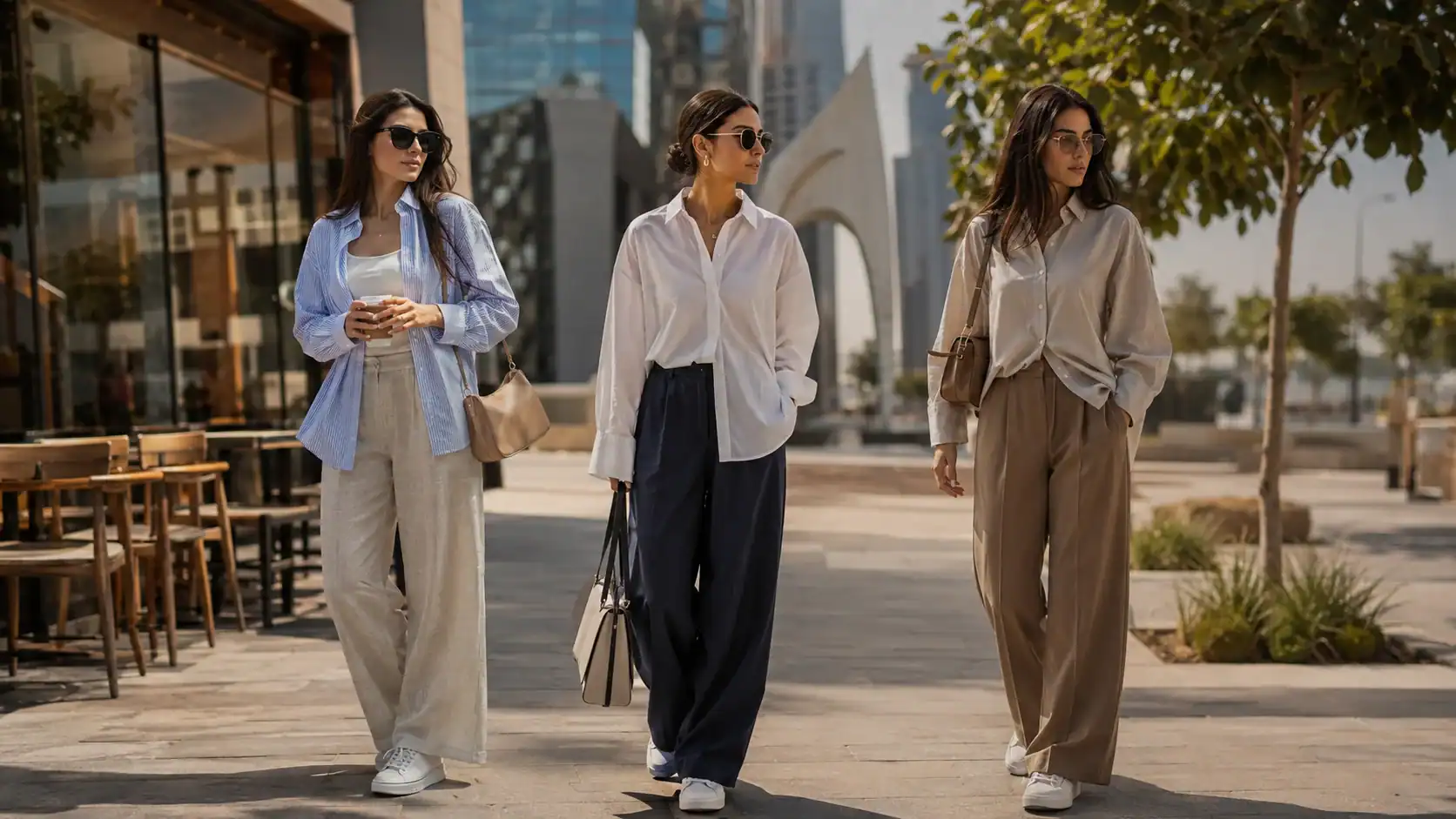 Dubai street style outfit with oversized shirt, tailored trousers and white trainers