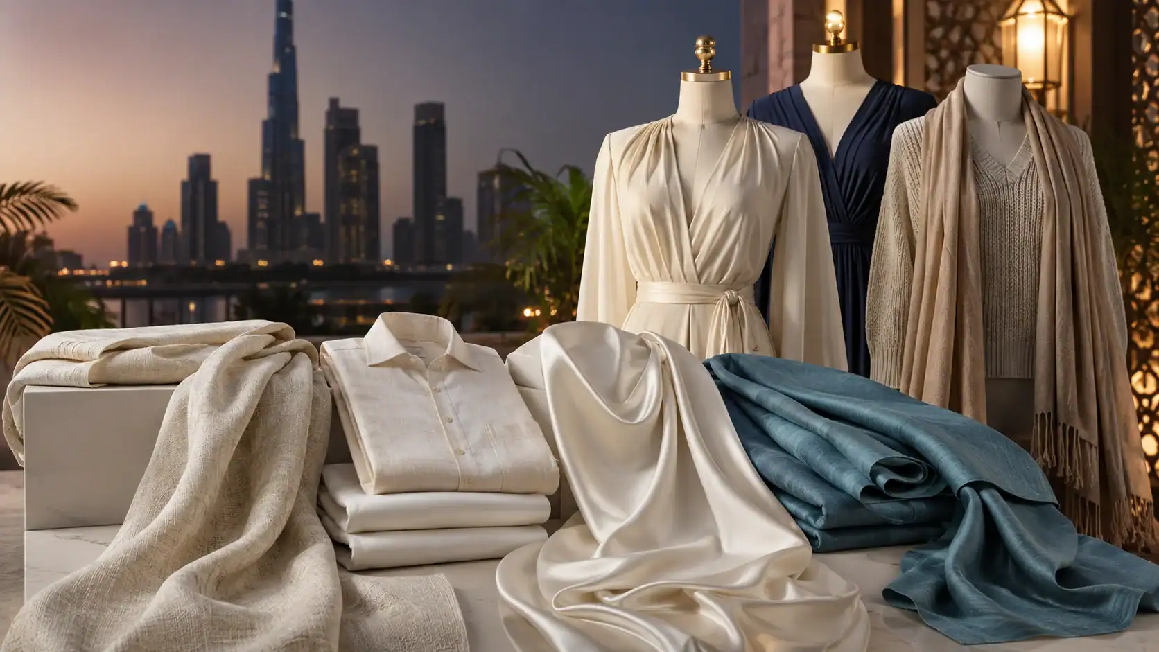 Linen, cotton, silk and viscose fabrics suitable for Dubai evening outfits