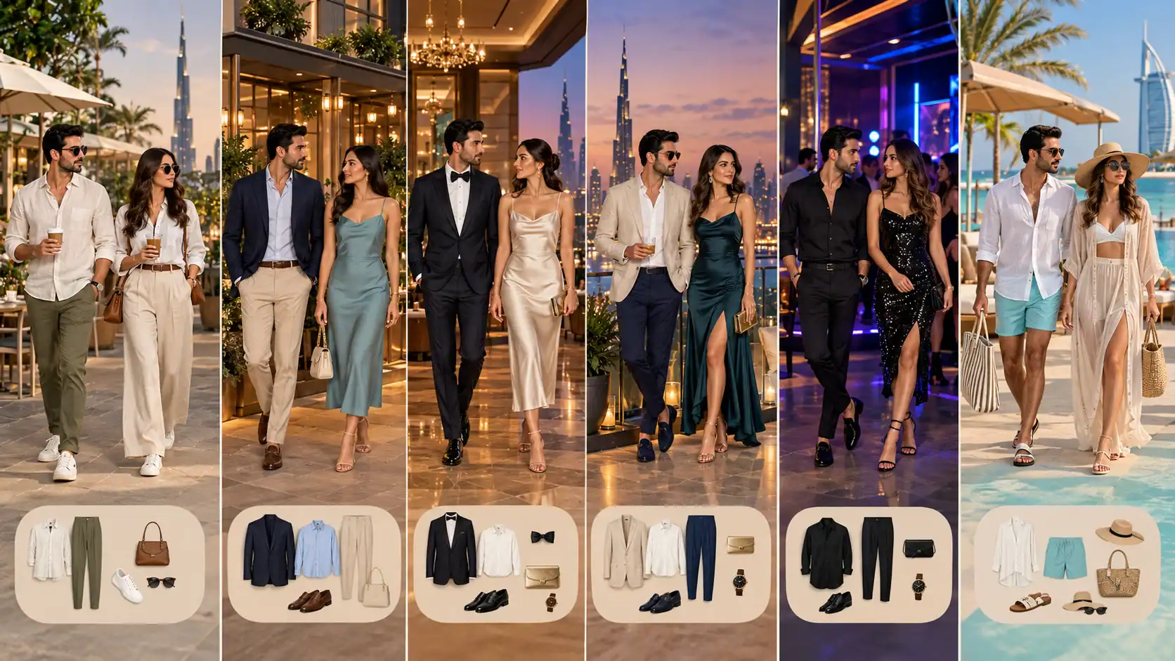 Modern 3D infographic showing Dubai dress codes from casual cafes to fine dining, rooftops, nightclubs and beach clubs