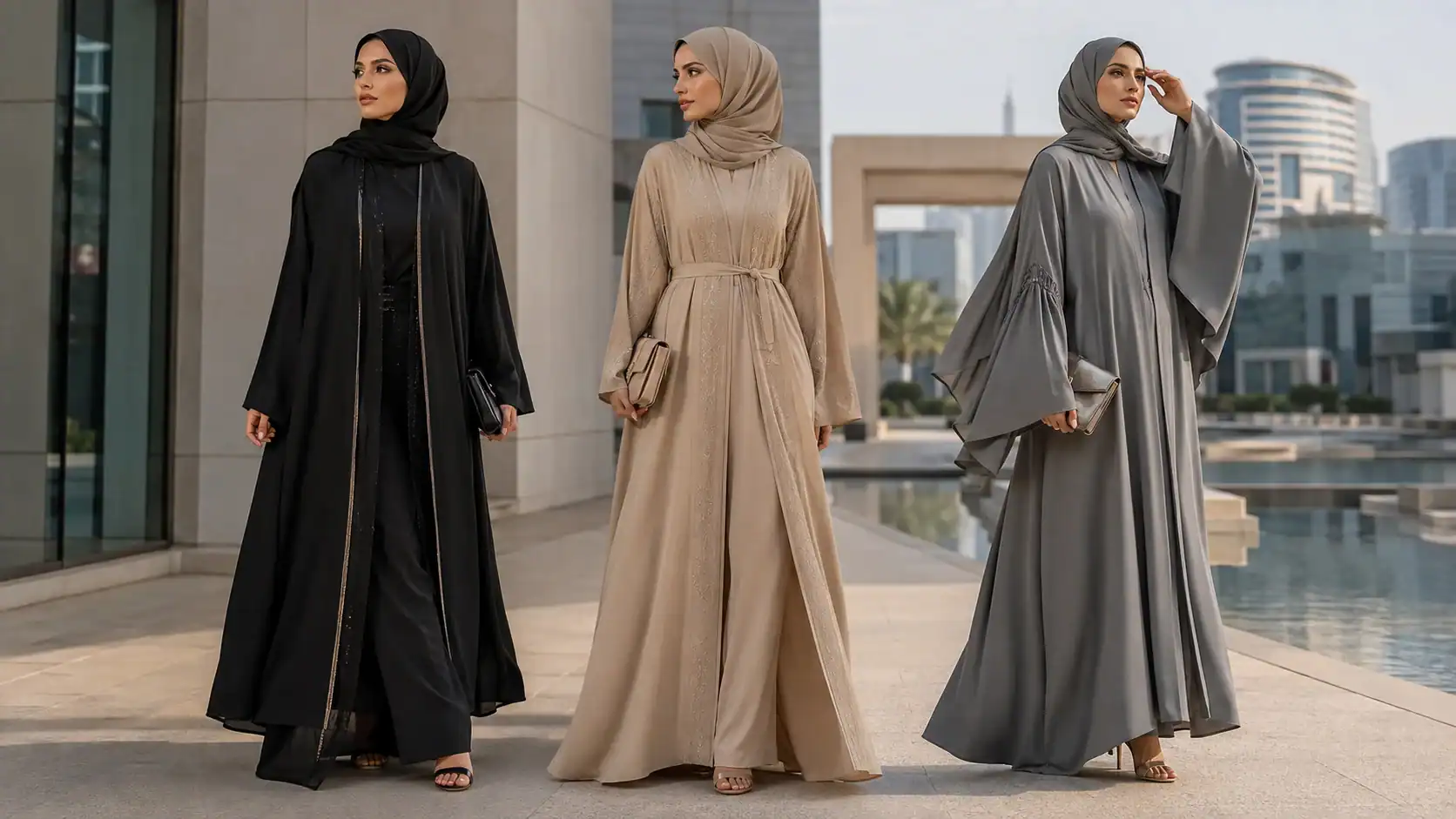 Modern abaya styles in Dubai with open-front, belted and wide-sleeve designs