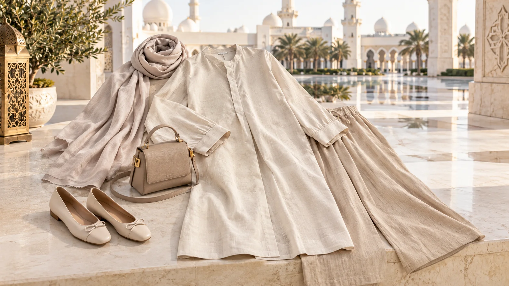 Modest outfit flat lay for visiting a mosque in Dubai