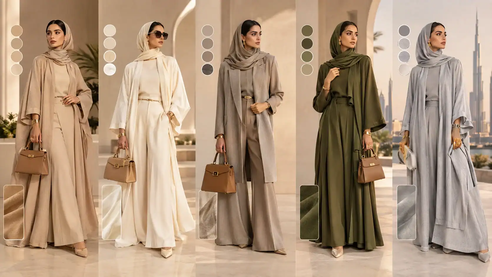 Neutral colour outfits for Dubai in sand, cream, stone, olive and soft grey