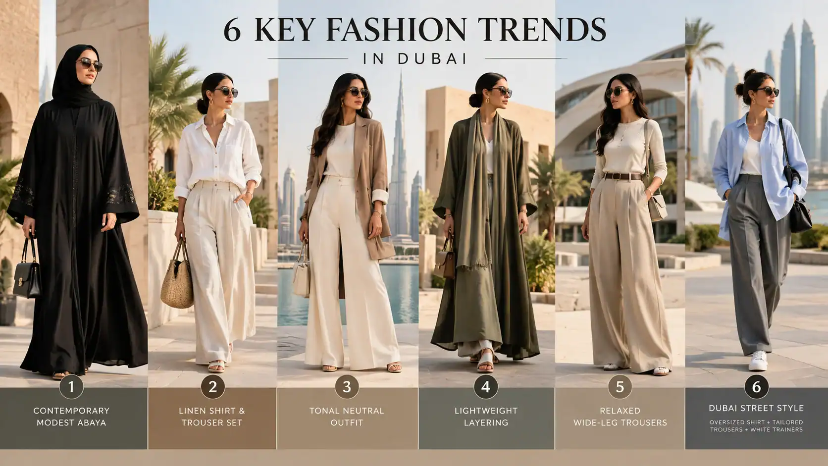 Six Dubai fashion trends: abaya, linen set, neutral palette, layers, wide-leg trousers and street style
