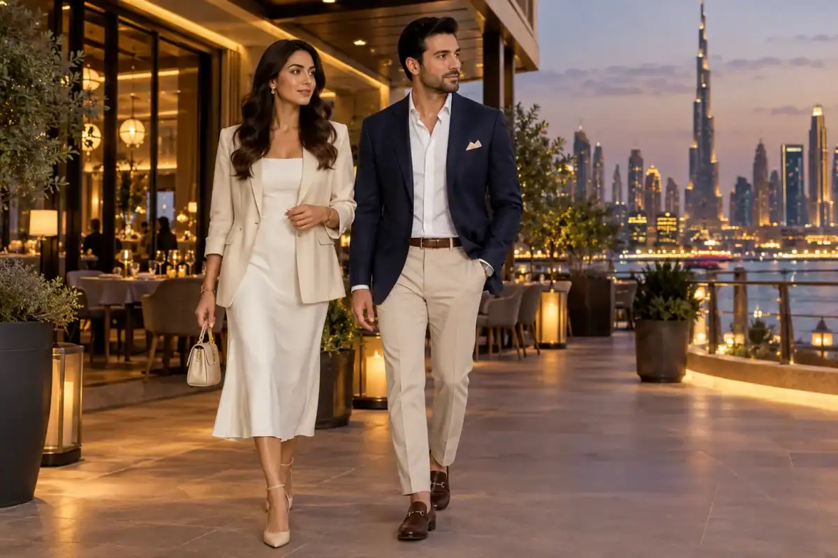 Stylish-man-and-woman-dressed-for-an-elegant-Dubai-evening-at-a-luxury-restaurant.
