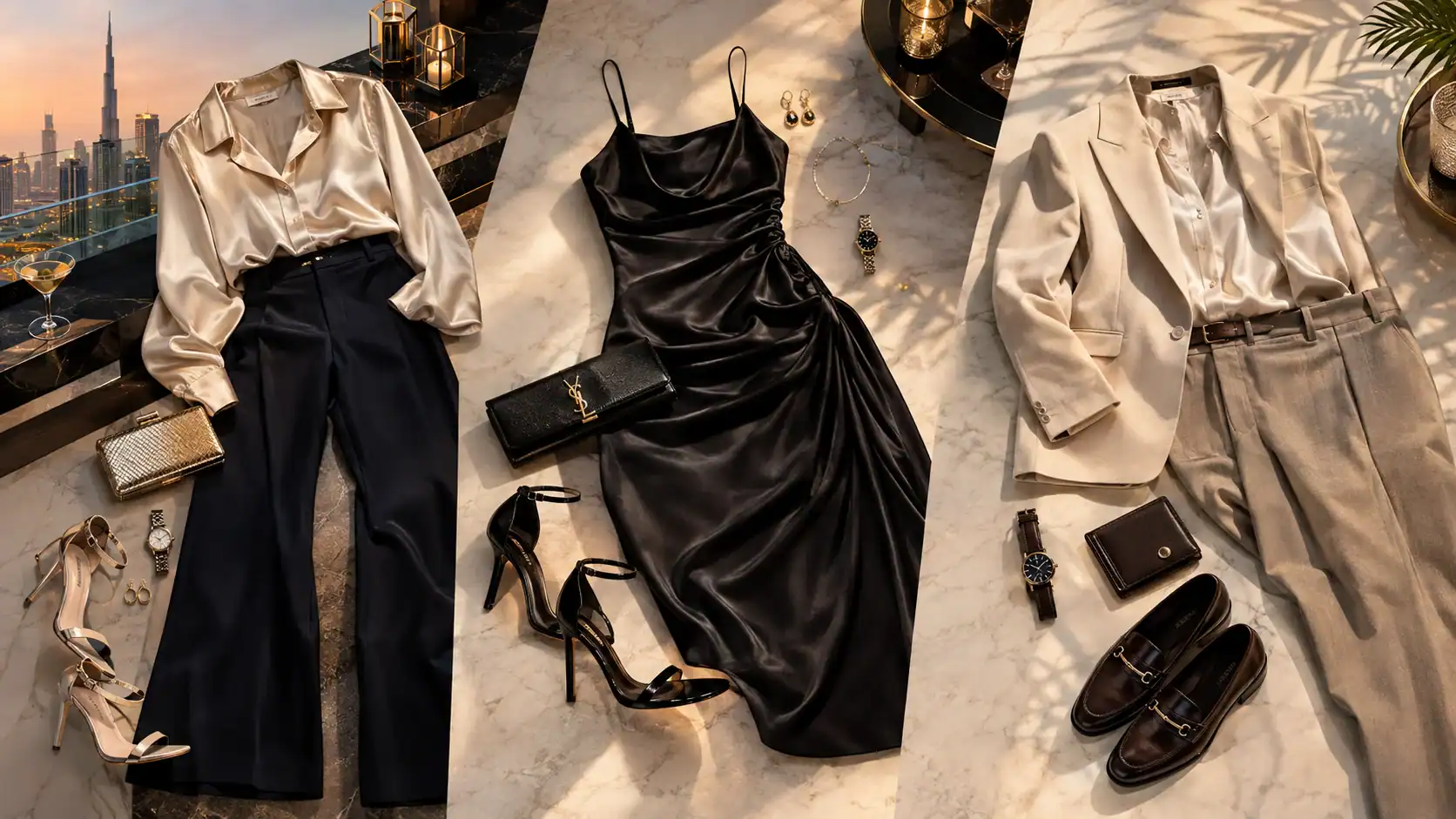 Three elegant evening outfit flat lays for Dubai rooftop bars, nightclubs and hotel restaurants