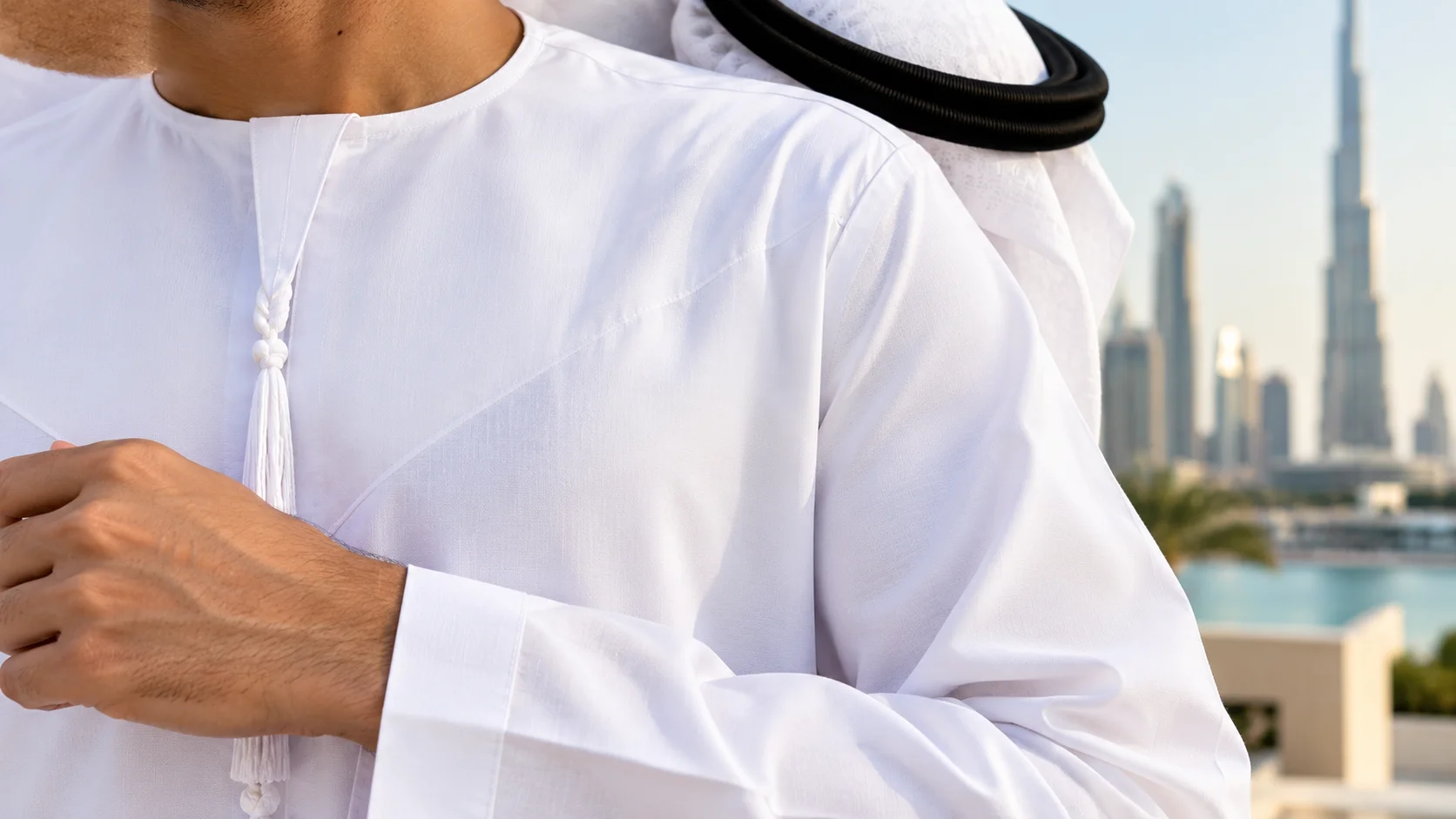 White kandura collar and fabric detail in traditional Emirati menswear