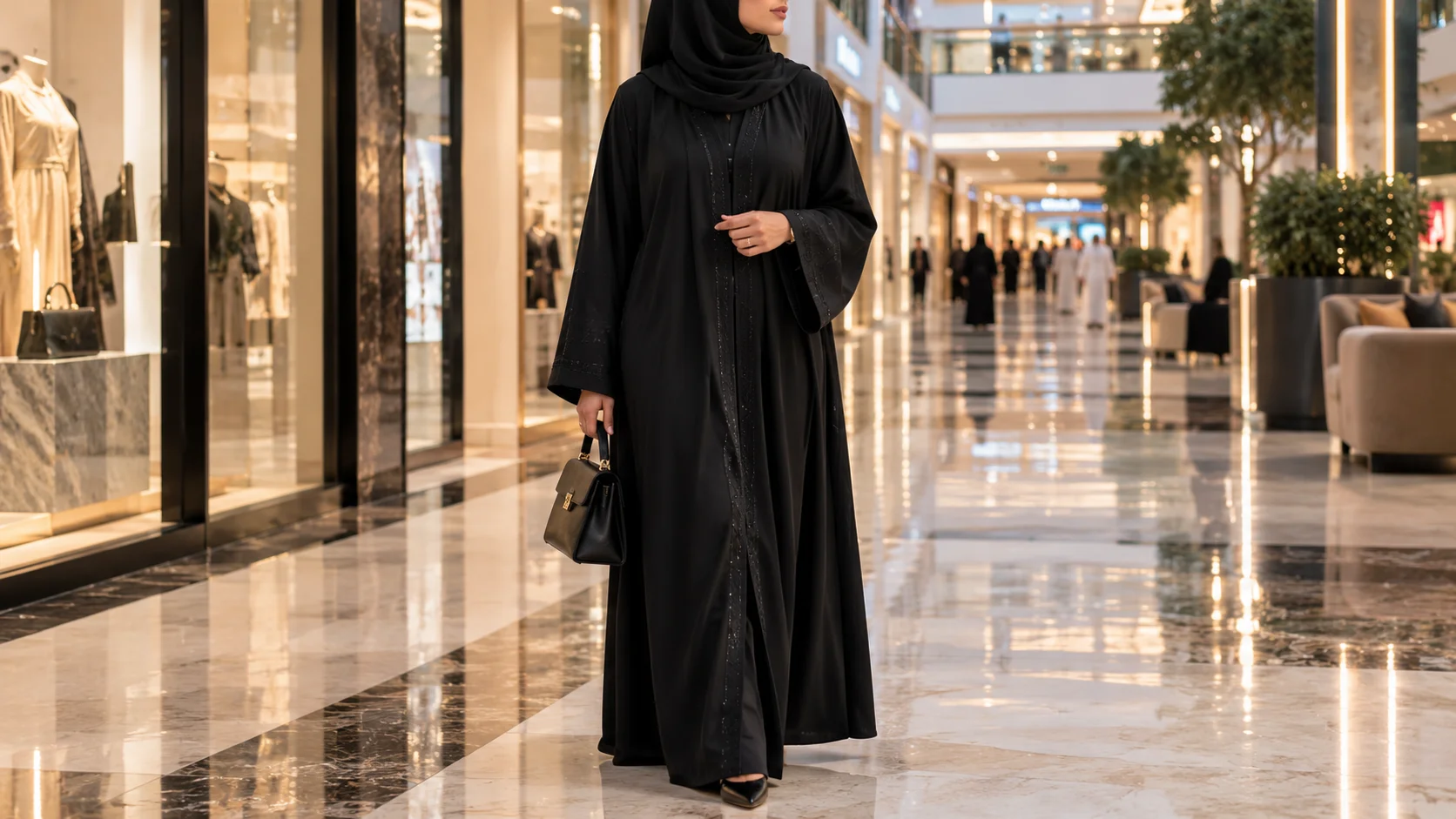 Woman wearing a black abaya in a Dubai shopping mall