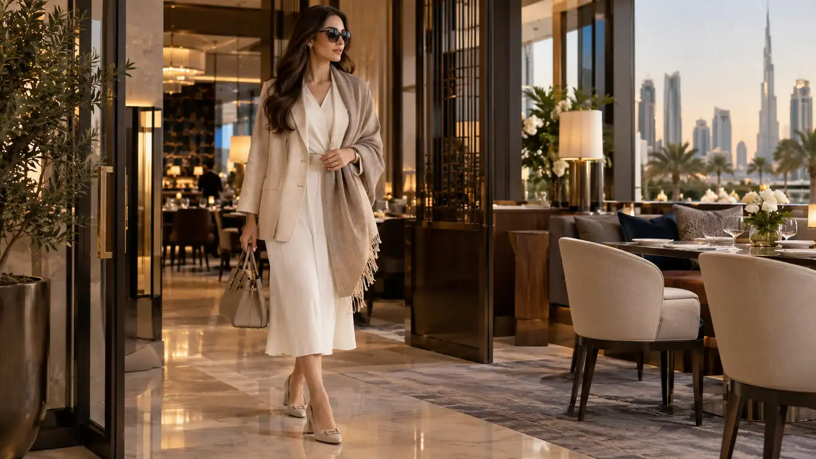 Woman wearing a midi dress, lightweight blazer and elegant heels for a Dubai restaurant