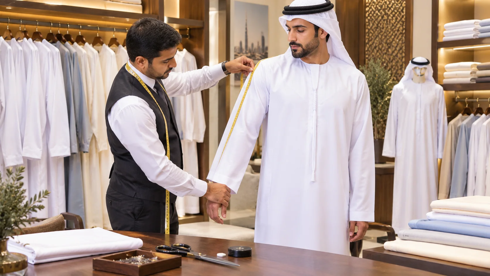 Tailor taking measurements for a custom kandura in Dubai