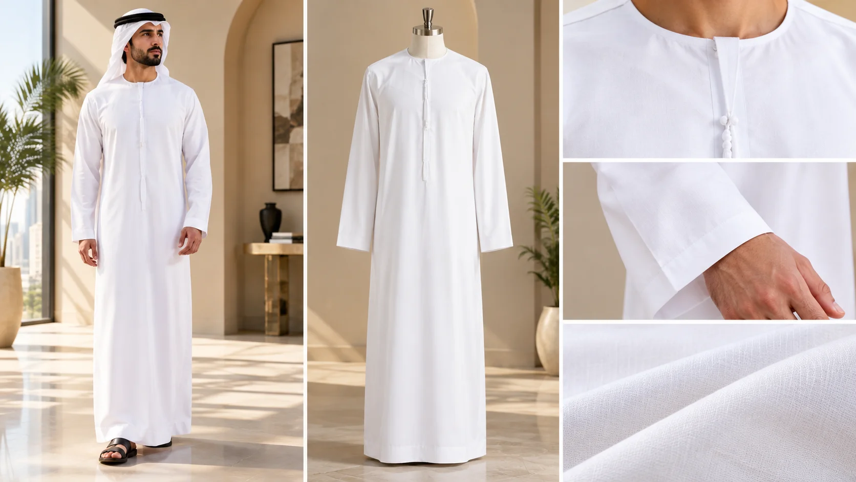 Men's Dubai wardrobe flat lay: kandura, linen shirt, blazer, chinos, loafers, ghutra and agal