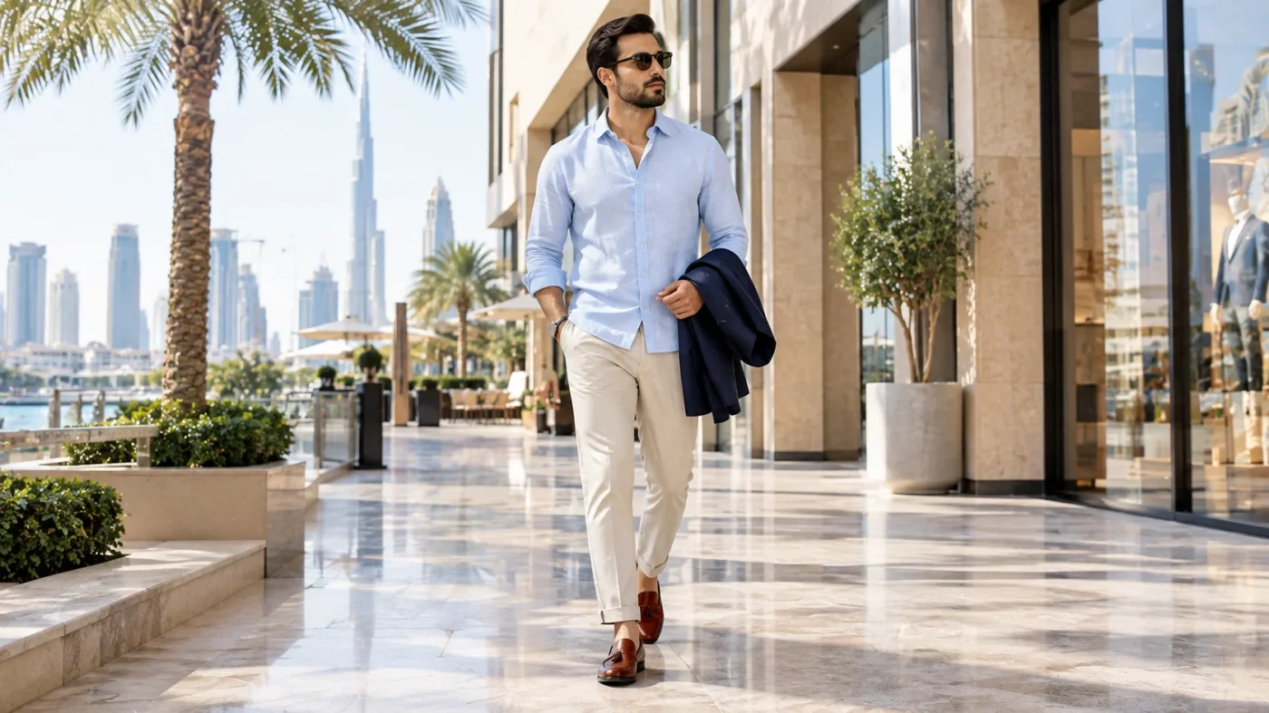Man wearing white kandura and ghutra in Dubai with Burj Khalifa